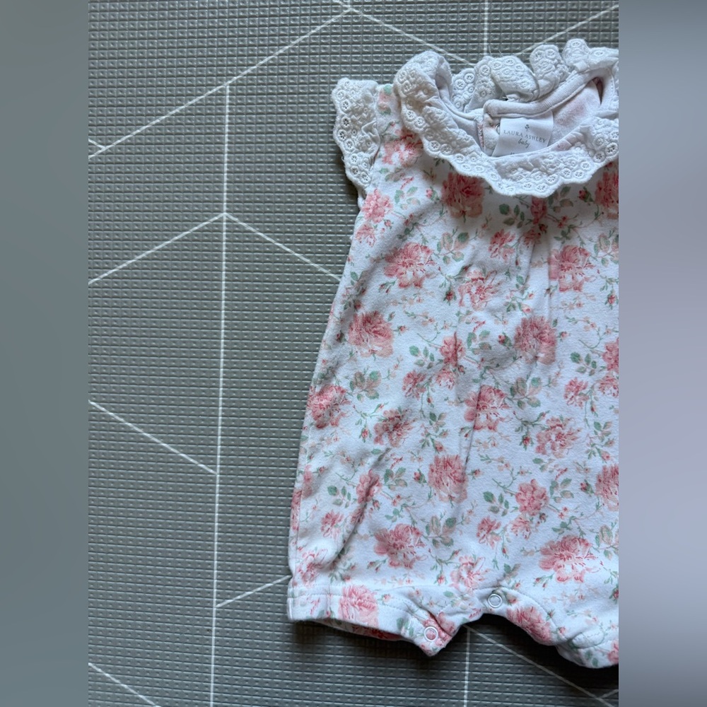 Laura Ashley|Baby girl white & pink Floral romper with Lace crotchet collar•Boho